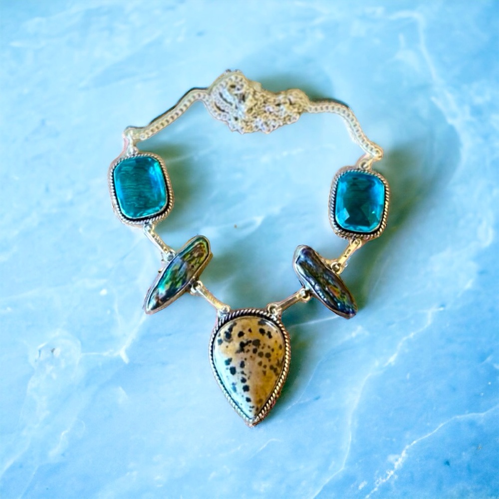 🆕 Dalmatian Jasper Biwa Pearl Blue Topaz Handmade Necklace 9.25 Silver Overlay